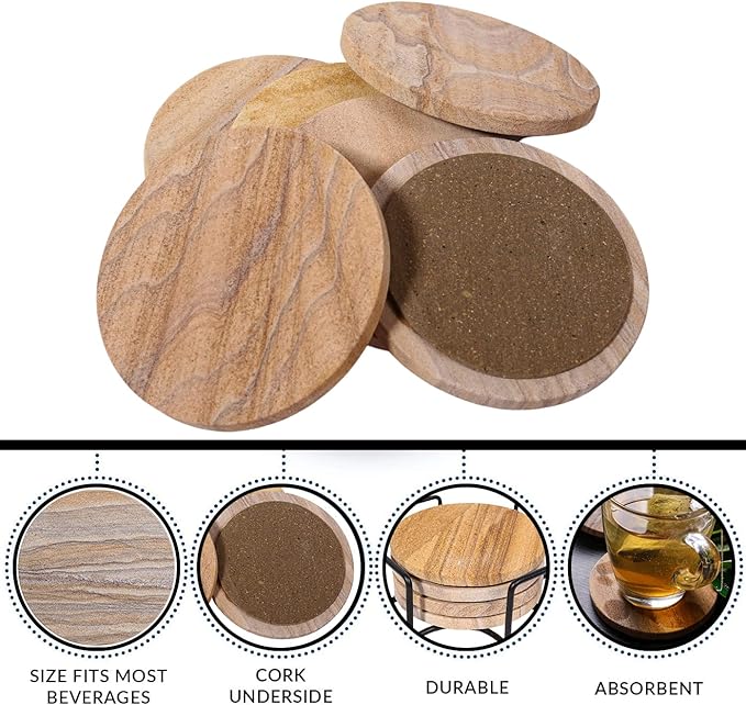Sandstone Water Absorbent Hand Crafted Round Coasters for Drinks - 4 Inches Wide Thirsty Stone Bar/Drink Coasters- Made from Rainbow Sandstone (Set of 6 with Holder)