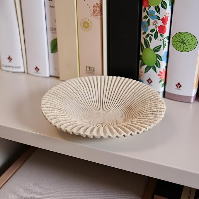 Decorative Bowl decor Tray, Scalloped Pedestal Bowls for Modern Home Decor,Ruffle Decor,Stylish Key Bowl for Entry Table,Decorative Fruit Bowl for Kitchen Counter,Artificial Stone Beige