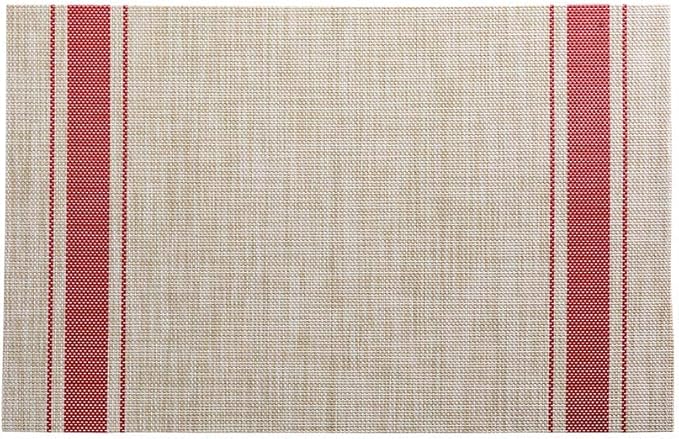 Restaurantware French Countryside 16 x 12 Inch Dining Table Placemats Set Of 6 Heat-Tolerant Kitchen Table Mats - Red Stripe No Stain Khaki Vinyl Woven Rectangle Placemats Easy To Clean