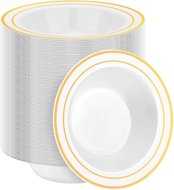 BESTSTAR 200 Pack Disposable Soup Bowls with Gold Rim, 12oz Premium Heavy Duty Plastic Dinner Bowls for Party, Wedding and Holiday