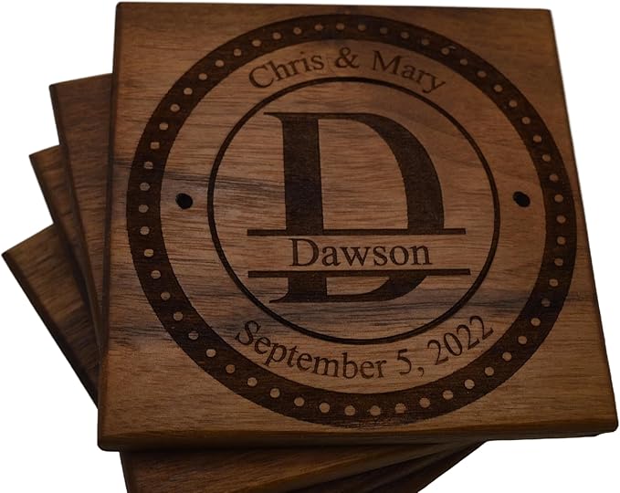 Personalized Wooden Coasters with Monogram, Wedding Date Engraved, Family Name- Choice of Wood (Split Letter Monogram)