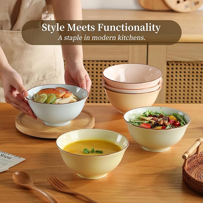 Ceramic Cereal Bowl Set of 6 - Porcelain Soup Bowls with Candy Hue - 6.25 Inch Ideal for Salad, Oatmeal, Ramen, Noodle - Microwave and Dishwasher Safe - 23 OZ
