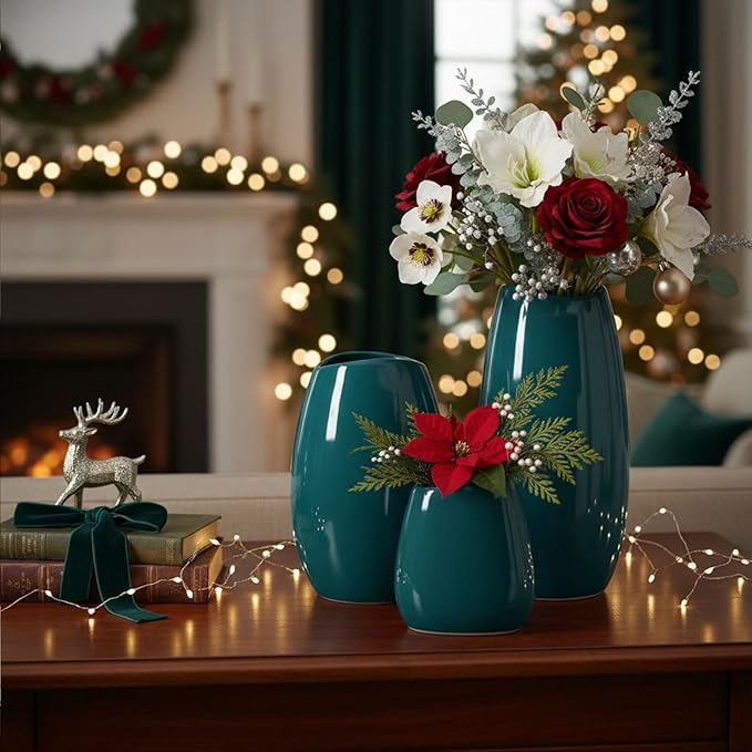 hjn Ceramic Vase Set of 3 Teal Flower Vase for Home Decor, Modern Decorative Vase for Flowers Vases for Your Ideal Shelf Decor/Table/Living Room/Kitchen/Office-Teal