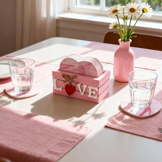 Valentines Coasters for Valentines Day Gifts, Pink Hearts Coasters Set of 6, Girlys Cute Coaster for Drink, Love Wood Coaster with Holder for Coffee, Valentines Day Table Decorations