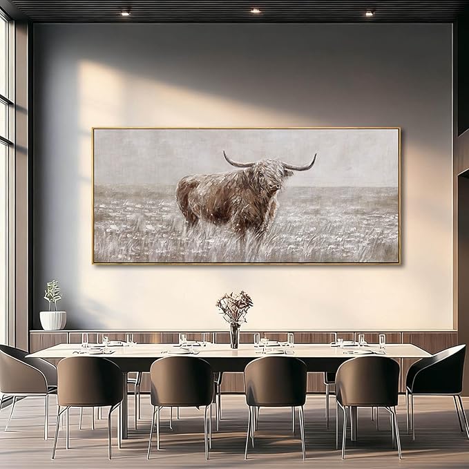 MLART99 Rustic Highland Cow Canvas Vintage Animal Print Brown Ox Wall Art Extra large Artwork- 32x70 Inch Decorative Piece for Country Style Home Decor for Living Room Entryway