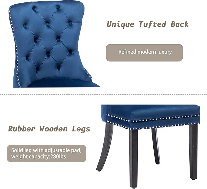 KCC Velvet Dining Chairs Set of 2, Upholstered High-end Tufted Dining Room Chair with Nailhead Back Ring Pull Trim Solid Wood Legs, Nikki Collection Modern Style for Kitchen, Blue