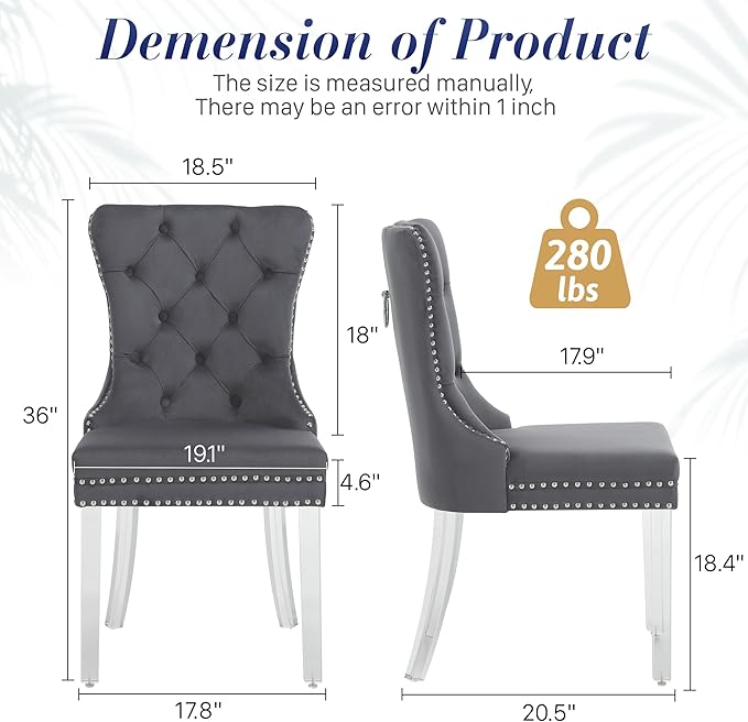 KCC Velvet Dining Chairs Set of 6, Upholstered Tufted Wingback Dining Room Chair with Nailhead Back Ring Pull Trim Solid Acrylic Legs, Contemporary Nikki Collection Style for Kitchen, Grey