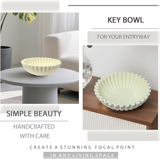 Large Decorative Bowl, Beige Ceramic Fruit Bowl for Kitchen Counter, Key Bowls for Entryway Table, Modern Coffee Table Home Decor, Scalloped Handmade Artwork