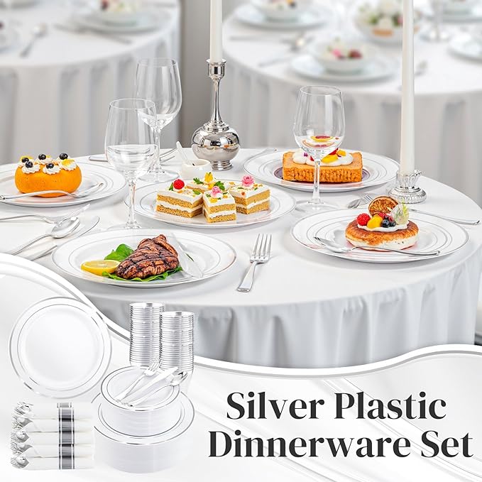 350Piece Silver Plastic Dinnerware Set for 50 Guests - Silver Plastic Plates with Cutlery Include:50Dinner Plates-50Dessert Plates-50Pre Rolled Napkins with Silverware Valentine's Day