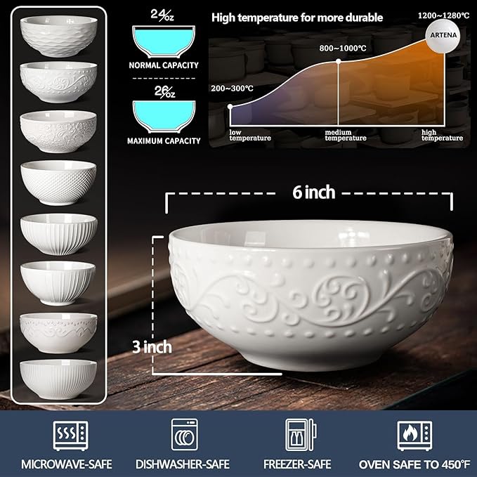 Artena Ceramic Cereal Bowls 26 oz, Embossment Soup Bowls Set of 4, White Salad Bowl for Kitchen, Dinner, Breakfast, Oatmeal, Rice, Pasta, Dishwasher Microwave Safe, 6 inch (Lianas)
