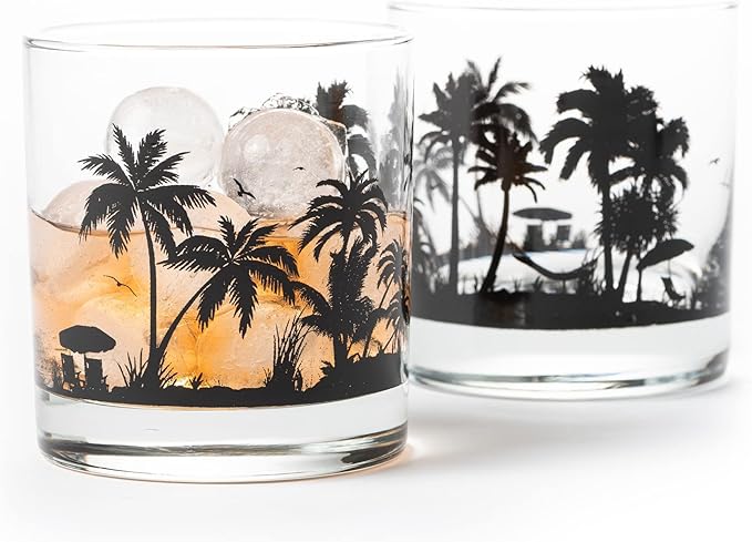 Black Lantern Beach Landscape Whiskey Glass Set Set of 2 Old Fashioned 11oz Tumblers | Heavy Base Cocktail Glasses with Gift Box