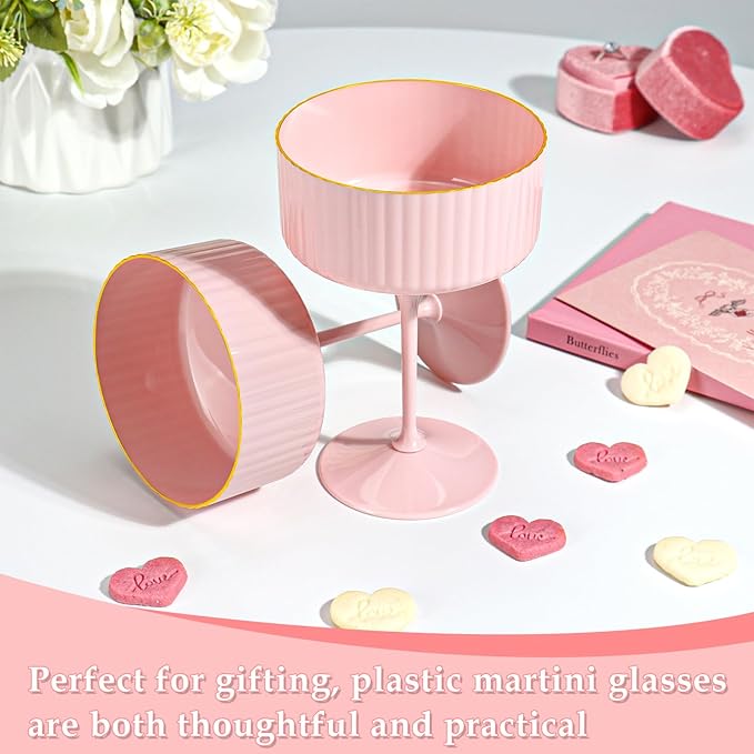 XUWAIDSGN 24 Pcs Champagne Martini Glasses 9 Oz with Gilded Removable Gold Rim Coupe Glasses Pink Martini Glasses Plastic Mimosa Vintage Coupe Glasses Set For Wedding Anniversary (24, Solid Pink)