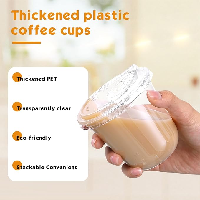 50 Sets Clear Plastic Cups with Strawless Sip Lids, Thickened Clear Disposable Plastic PET Crystal Cups for Iced Coffee, Smoothie, Cold Beverage, Drink Shops and Party Catering (10 oz)