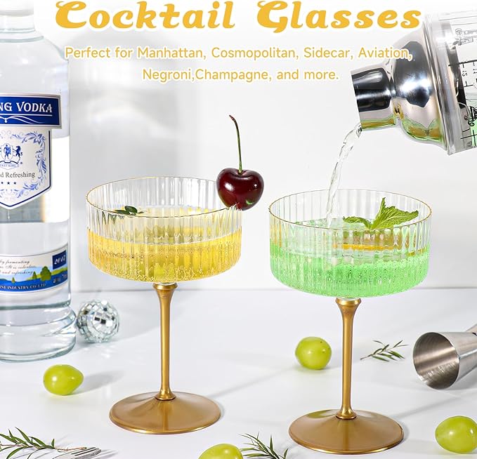 XUWAIDSGN 12 Pcs Champagne Martini Glasses 9 Oz with Gilded Removable Gold Rim Coupe Glasses Pink Martini Glasses Plastic Mimosa Vintage Coupe Glasses Set For Wedding Anniversary (12, Ribbed Gold)