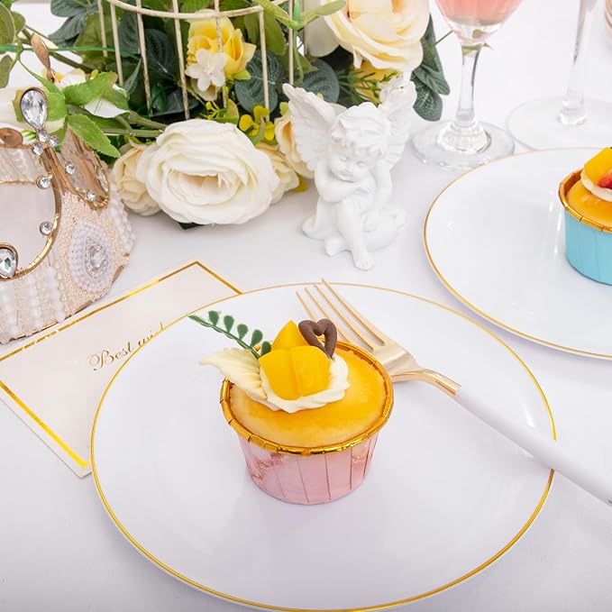 I00000 72PCS White Plastic Dessert Plates 7.5" with 72PCS Disposable Forks 8.5", Disposable White Dessert Plate, Fancy Salad Plates with Gold Rims Perfect for Wedding