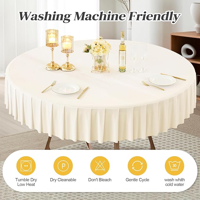 4 Pack Ivory Spandex Round Tablecloths for 60 inch Table, Stretchy Fitted 5FT Table Cloths with Skirt, Wrinkle Free for Wedding Party Dining Banquet