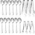 Mwellewm 18Pcs Serving Utensils, Serving Spoons for Buffet, Serving Tongs for Food, Large Slotted Spoons, Stainless Steel Banquet Cutlery Set for Parties Weeding Birthday Entertaining Catering(Silver)