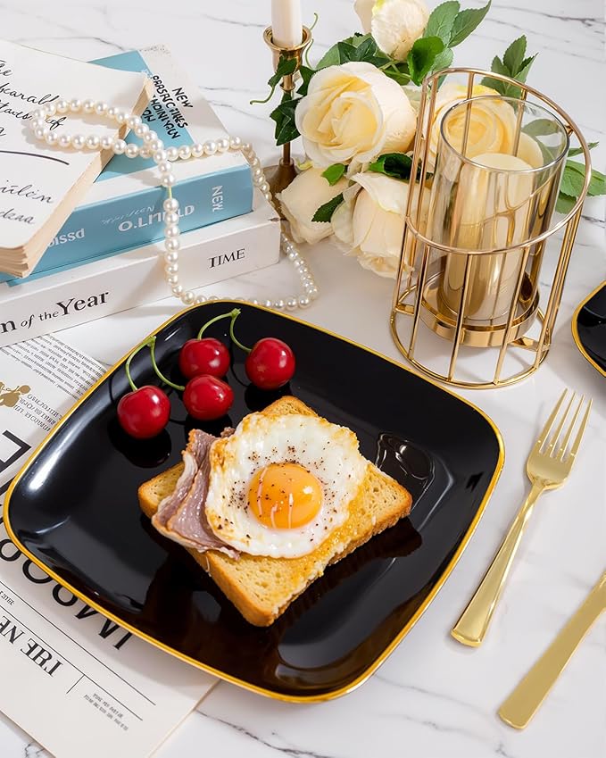 bUCLA 50PCS Black and Gold Plastic Plates - Square Black Gold Plastic Disposable - Include 25 Dinner & 25 Dessert Plates, Ideal for Party & New Year