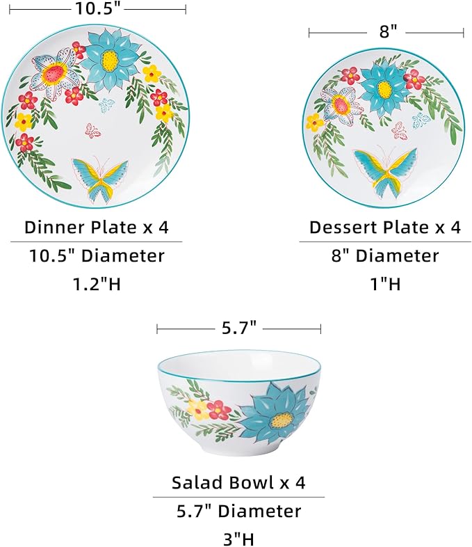 HomePop Ceramic 12-Pieces Dinnerware Sets,Dish Plates and Bowls Sets - Red