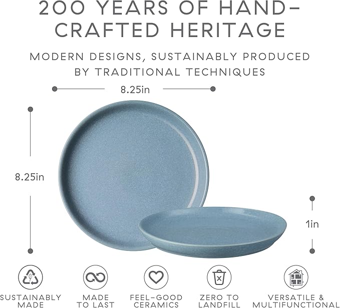 Denby - Elements Blue Coupe Salad Plates Set of 6 - Dishwasher Microwave Oven Safe - Scratch Chip Resistant Lunch, Appetizer, Dessert Plates - 8.25 Inch Ceramic Stoneware Dinnerware Set