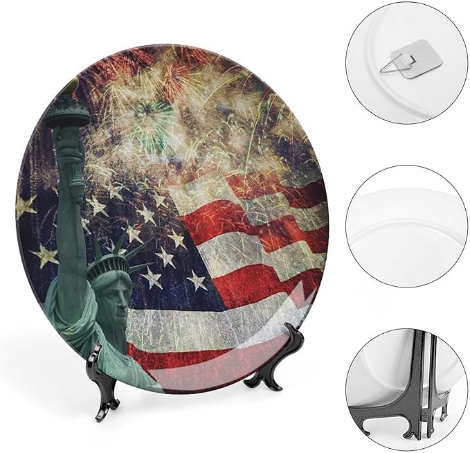 Ceramic Display Plate, American Flag Ceramic Hanging Decorative Plate, Fireworks 4th of July, 6 Inch, Household Custom Ceramic Plate, Multicolor