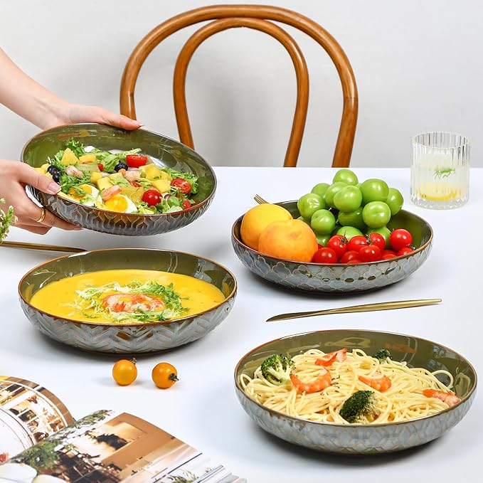 Sureasy Pasta Bowls Set of 4-30oz Large Ceramic Embossed Bowl Plates, 8.5 Inch Wide and Shallow Plate Bowls, Salad Bowl, Microwave, Oven & Dishwasher Safe, Green
