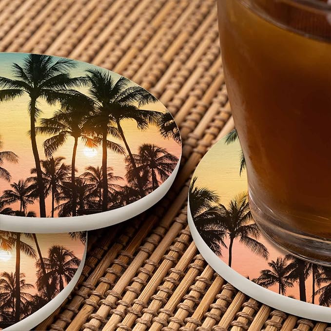 Tropical Island Sunset Coasters for Drinks Beautiful Nature Landscape Sunrise Dusk Scenery Palm Tree for Tabletop Protection Coffee Table Living Room Kitchen Office Home Decor 2 Pcs,4 Inch