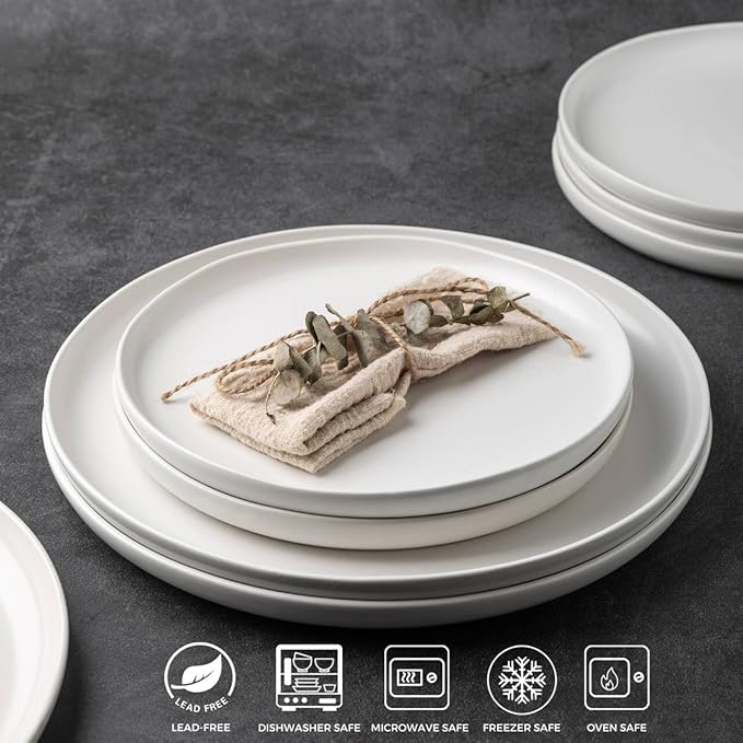 AmorArc Ceramic Dinner Plates Set of 6, Wavy Rim 10.25 Inch Stoneware Dish Set, Dinnerware Plates for Kitchen-Microwave&Dishwasher Safe, Scratch Resistant-Reactive Glaze Matte White