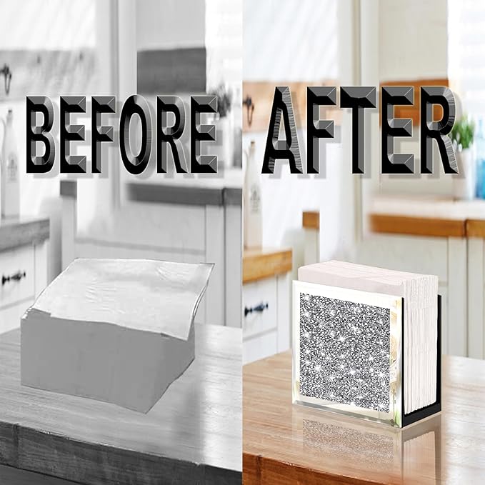 Wocred Mirror Napkin Holder,Crystal Crushed Diamond Vertical Holder,Square Glass Mirror Napkin Holder for Dining Table or Counter in The Kitchen.(5.9”X5.9”X3”)