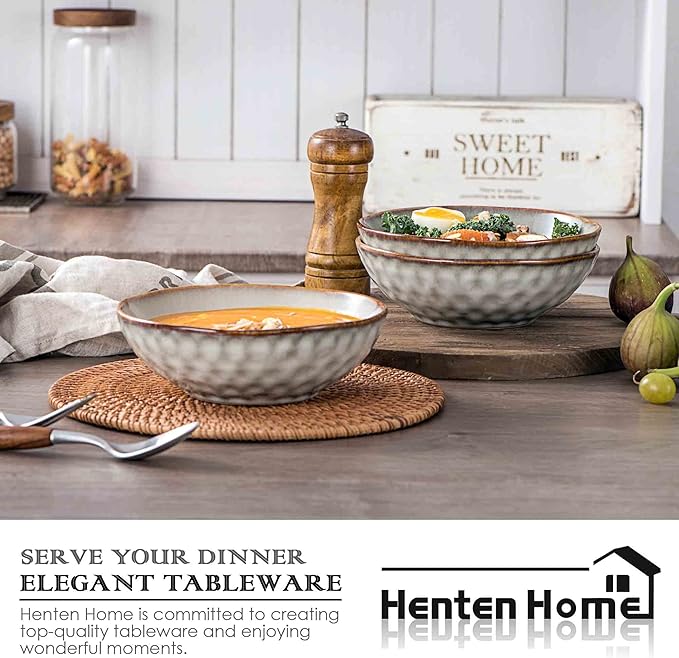 Henten Home Ceramic Soup Bowl Set, 25 oz Cereal Bowls Set of 4, Porcelain Salad Bowls Set, Stoneware Serving Bowls for Kitchen, Microwave& Dishwasher Safe, Reactive Glaze (White)