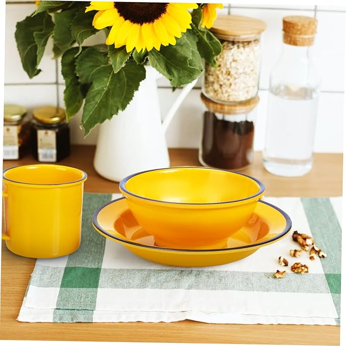 ERINGOGO Dinnerware Yellow Asian Style Rice Soup Bowls Plates Lightweight Tableware for Indoor Outdoor Use Easy to Clean and Portable