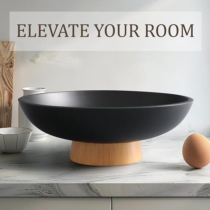 Modern Resin Pedestal Bowl – Large Fruit Bowl for Kitchen Counter, Catch All Bowl for Entryway Table, Stylish Key Bowl & Dining Centerpiece, Black