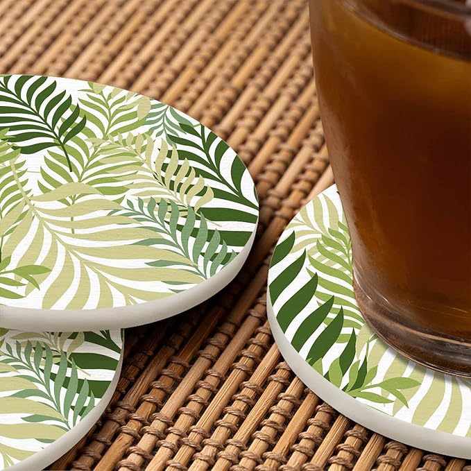 Green Palm Tree Leaves Coaster for Drinks Individual Tropical Summer Floral Leaf Nature Organic Plant Presents for Housewarming Birthday and Family 100% Diatomite 4''X 4'',2 Pack