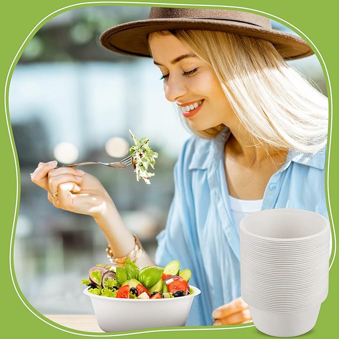 Tessco for you 100 Pack 42 oz Large Disposable Salad Bowls Deep Heavy Duty Paper Bowls Sugarcane Fiber Compostable Biodegradable Microwave Safe for Hot Cold Soup Ramen Popcorn Pasta(White Color)