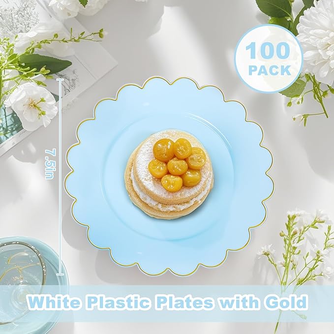 LIYH 100 Pcs Blue Plastic Plates - 7.5 Inch Scalloped Edges Disposable Dessert/Salad Plate- Blue with Gold Rim Premium Hard Appetizer Cake Plastic Plates for Party,Weddings,Bridal Shower