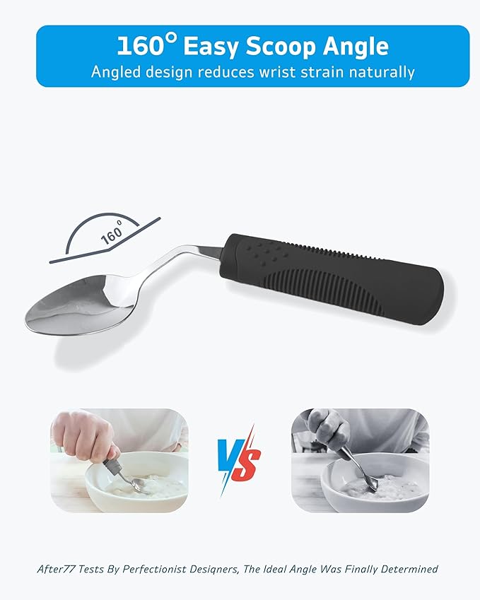 Adaptive Utensils (4-Piece Set) Weighted 7 oz - 42° Angled Utensils for Parkinson's Patients, Hand Tremors, Arthritis & Elderly - Eating Utensils for Elderly (Black: Left Handed)