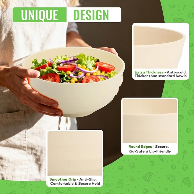 Large Wheat Straw Bowls Set of 6, 60 OZ Unbreakable Serving Bowls, Microwave Safe & Dishwasher Safe, Perfect for Salad, Fruit, Cereal, Soup, Ramen, Family Meals, Beige