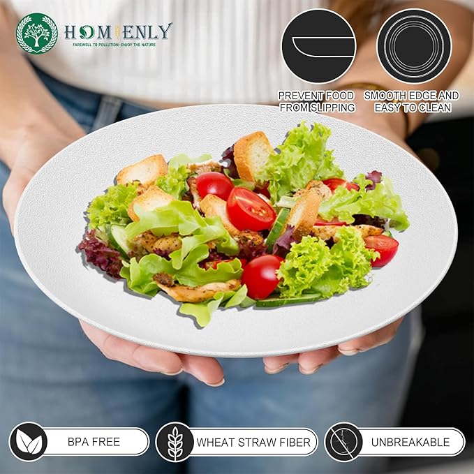 Homienly Wheat Straw Plates, Flat Dinner Plates, Unbreakable Plate for Kitchen, Camping, Outdoor, Microwave and Dishwasher Safe Plates Set, 9 inch, Set of 8 - White