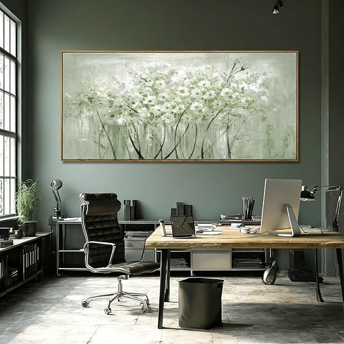 Green and White Floral Wall Art Blossom Canvas Painting Nature-Inspired Artwork Large 40x88 Modern Framed Wall Decor for Living Room Bedroom Office