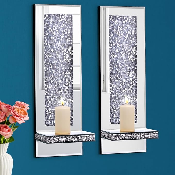 Crystal Crush Diamond Mirrored Candle Sconces, Silver Wall Candle Holder Set of 2, Wall Decorations for Living Room，Dining Room (Rectangle (Style 4))