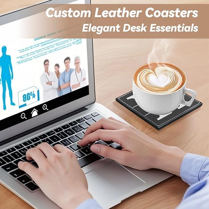 Personalized Coasters, Custom Set of 6 Leather Coaster for Drinks with Holder, DIY Customized Name, Logo, Text，Non-Slip, Heat Resistant, Waterproof for Coffee Table Bar Wine Cup Housewarming