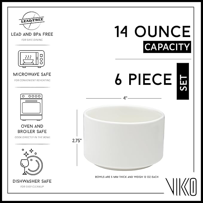 Vikko Modern Soup Bowls, Set of 6 Matte White Porcelain Bowls, Stackable 22 oz Elegant Restaurant Style Soup Bowl Set, Microwave and Dishwasher Safe