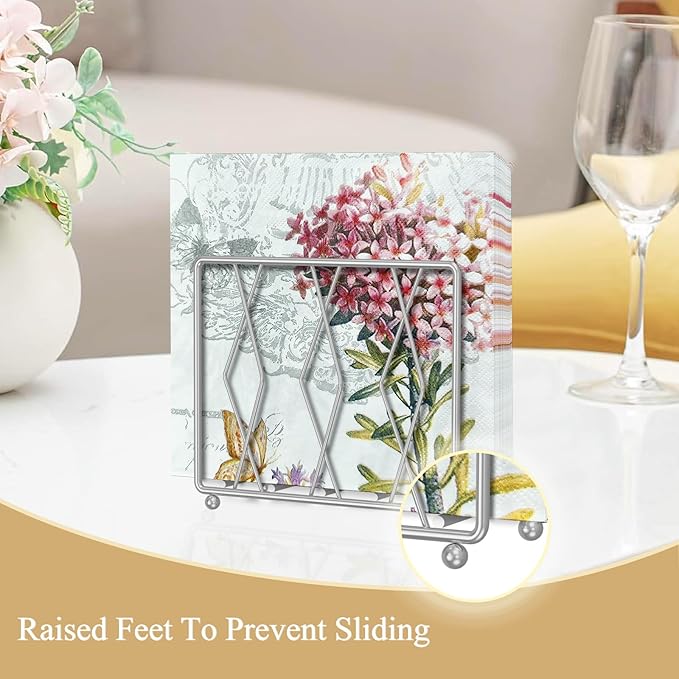 Napkin Holder for Table, Modern Metal Napkin Holders for Paper Napkins & Kitchen Dining & Countertops, Cocktail Upright Napkin Holder Dispenser Suitable for All Room Decors (Small, Silver)