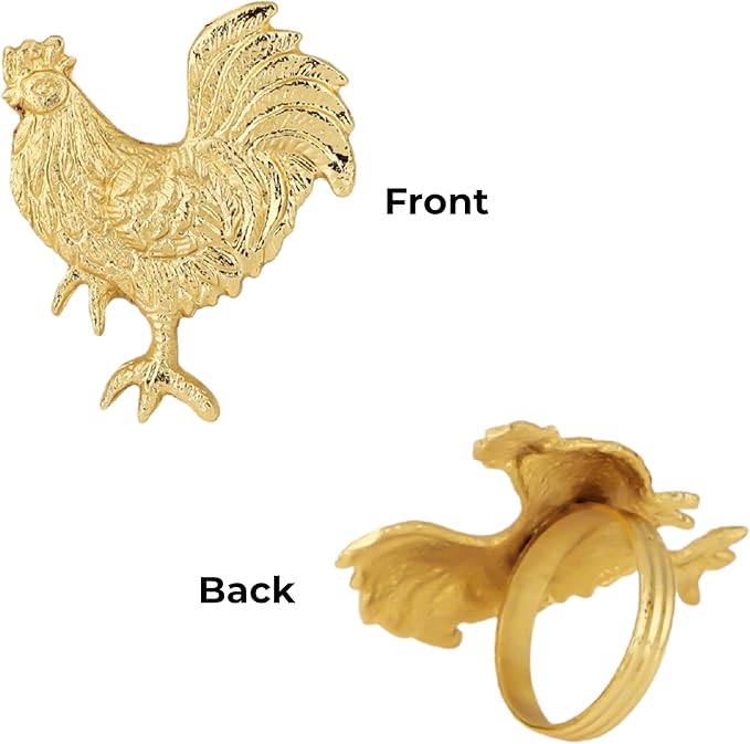 CLEENTABLE Napkin Rings Set of 12, Metal Napkin Holder Cuffs for Dinner Table Décor, Thanksgiving Rooster Farmhouse Modern Serviette Rings for Christmas, Weddings, Receptions, Gold