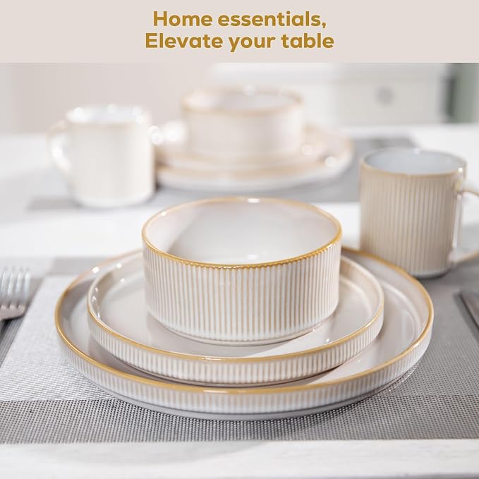 Romswi Stoneware 18Pcs Dinnerware Sets, Ceramic Plates and Bowls Set for 6, Chip & Scratch Resistant Ribbed Dish Set, Handmade Reactive Glaze, Oven, Microwave & Dishwasher Safe, Cappuccino White
