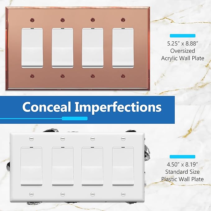 LIDER Reflective Acrylic Decorator Wall Plate, Mirrored Light Switch Plate, Plexiglass Outlet Cover, Acrylic Glass, Oversized 4-Gang 5.25" x 8.88", LWP-34O-ARG, Rose Gold