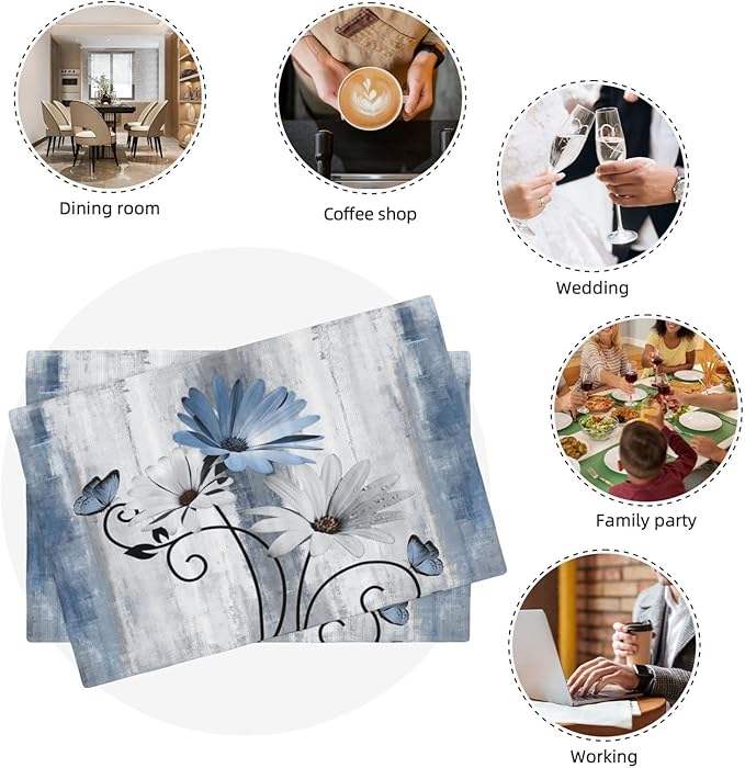 Floral Placemats Set of 4, 12x18 Inch Blue Daisy Flower Table Mats Rectangle Vintage Flowers Holiday Decorative Table Placemats for Party Home Kitchen Dining Table Indoor Outdoor Decoration