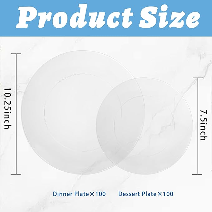 I00000 200 PCS Clear Plastic Plates for 100 Guests Include: 10.25 inch 100 Pieces Dinner Plate and 7.5 inch 100 Pieces Dessert Plate, Clear Plates for Party Perfect for Party & Wedding