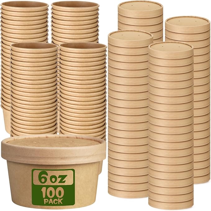 Fulmoon 100 Pack Paper Soup Containers with Lids Disposable Paper Food Containers with Vented Lid Kraft Ice Cream Cake Dessert Cups Soup Bowl for Party Hot Food Fruit Microwave(6 oz,Brown)