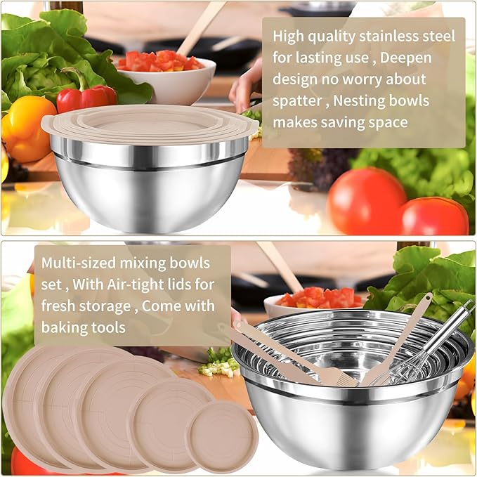 Mixing Bowls Set, 25PCS Khaki Mixing Bowls With Lids Set Stainless Steel Kitchen Large Nesting Metal Bowl 7QT to 1.5QT, Measuring Cups and Spoons for Prepping Cooking Serving